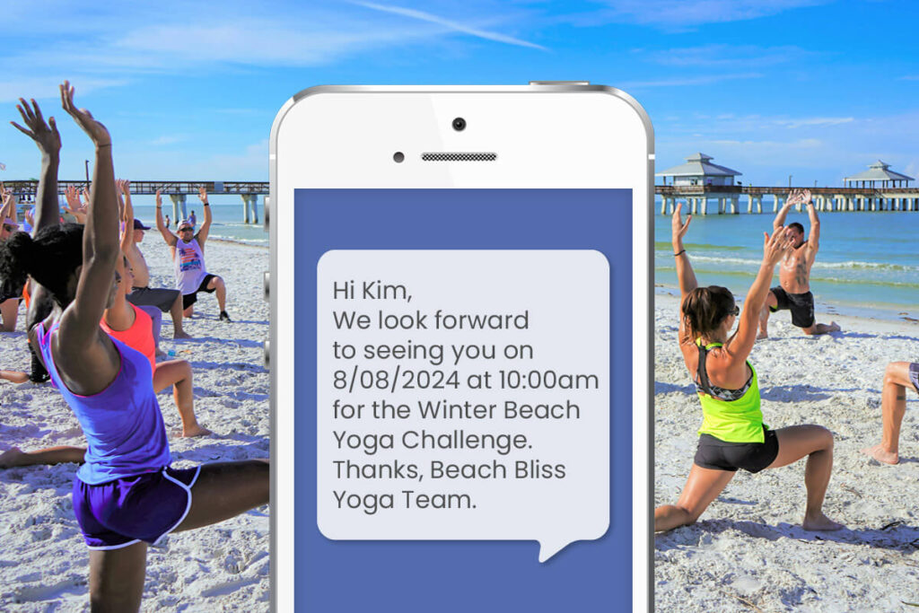 Image of people on a beach doing yoga with a mobile phone superimposed showing a text message.