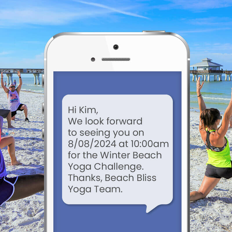 Image of people on a beach doing yoga with a mobile phone superimposed showing a text message.